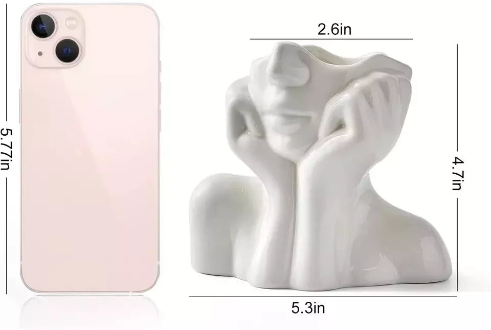 Ceramic Face Vase, White Flower Vase for Decor, 5.3" W x 4.7" H, Modern Decorative Vase