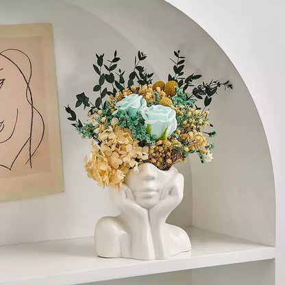 Ceramic Face Vase, White Flower Vase for Decor, 5.3" W x 4.7" H, Modern Decorative Vase